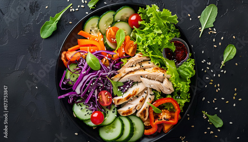 Ideas for attractive vegetable salads served with grilled chicken for eateries, businesses, cuisine, restaurants, food, salad, vegetables, cucumber, purple cabbage, lettuce, tomatoes, and AI-generated
