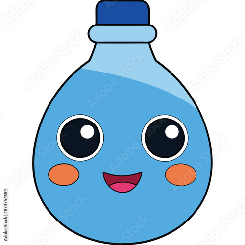 Blue Water Bottle Cartoon Character With Big Eyes and Smile, A cartoon water bottle with a smiling face, large eyes, and a blue cap