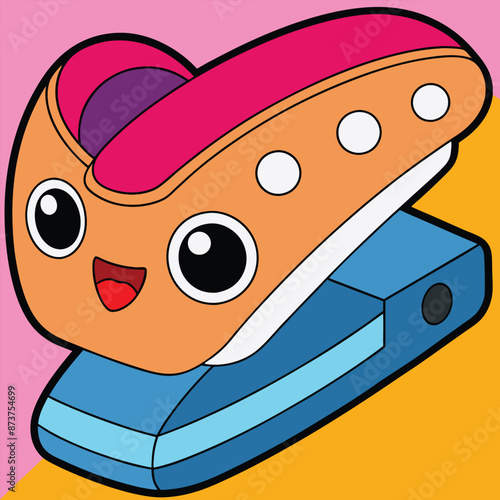Cartoon Illustration of a Smiling Pink and Orange Stapler, A cartoon stapler with a smiling face, pink and orange body, and a blue base is depicted against a pink and orange background.