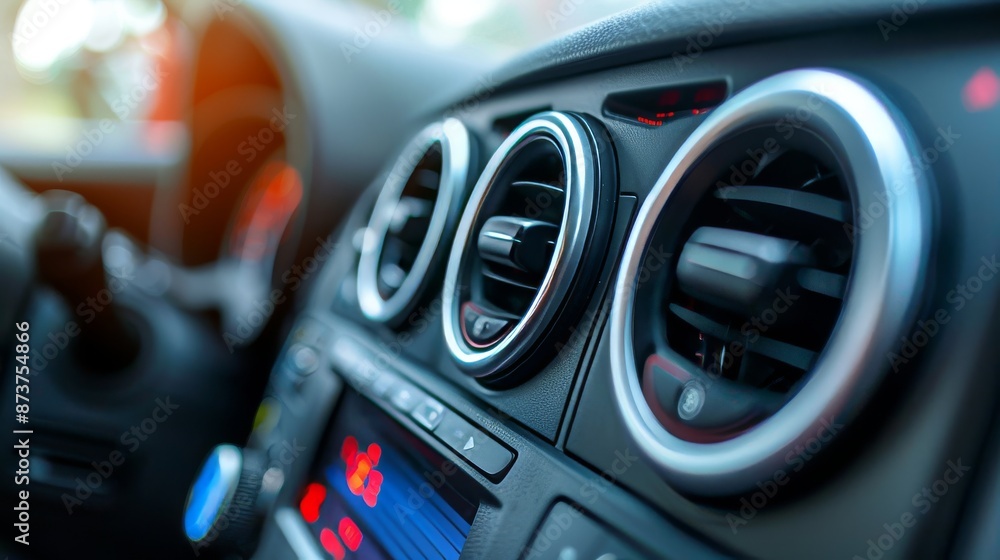 Car air conditioning controller It showcases touch buttons and dials for temperature and fan settings. This image highlights the convenience of modern automobile climate control systems. Car air conditioning controller It showcases touch buttons and dials for temperature and fan settings. This image highlights the convenience of modern automobile climate control systems.