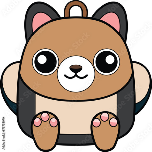 Adorable Cartoon Bear Backpack With Pink Paws and Big Eyes, A cartoon bear backpack with big eyes and pink paws. The backpack is brown with a black strap and a cute, friendly expression.