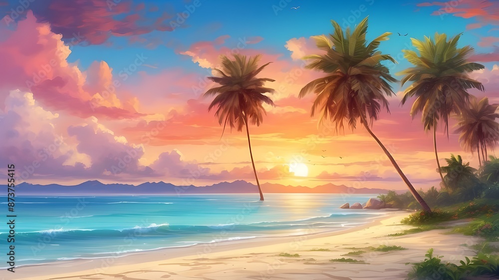 Obraz premium A gorgeous tropical sunset beneath vivid skies and palm palms on a sandy beach makes for the perfect relaxing getaway.