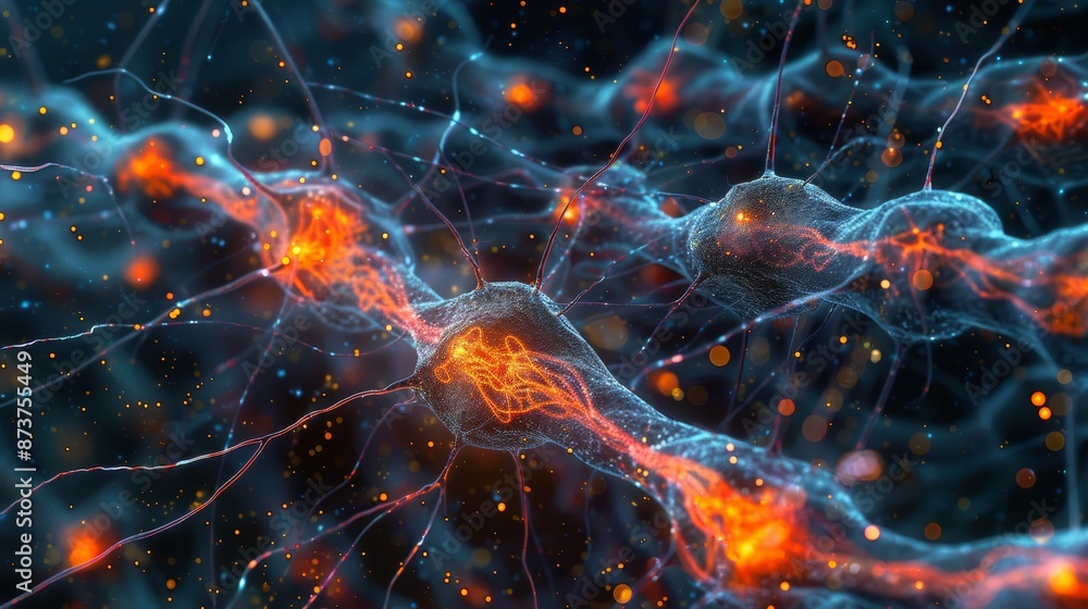Abstract digital rendering of a network of glowing blue and orange lines and particles. Abstract digital rendering of a network of glowing blue and orange lines and particles.