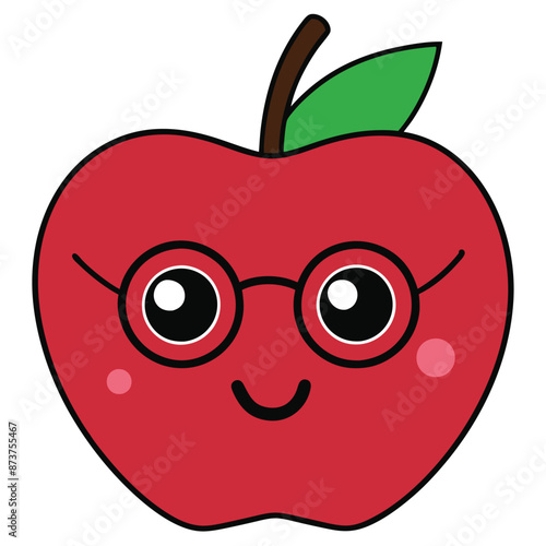 A Cartoon Red Apple Wearing Glasses and Smiling, A red cartoon apple with a green leaf on top wears circular red glasses and smiles with its large black eyes. The apple has a simple.