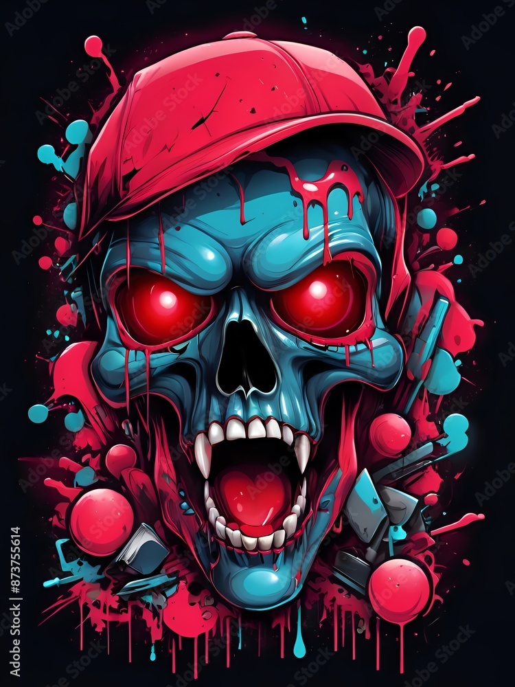 A skull with red eyes and a red hat on top A skull with red eyes and a red hat on top