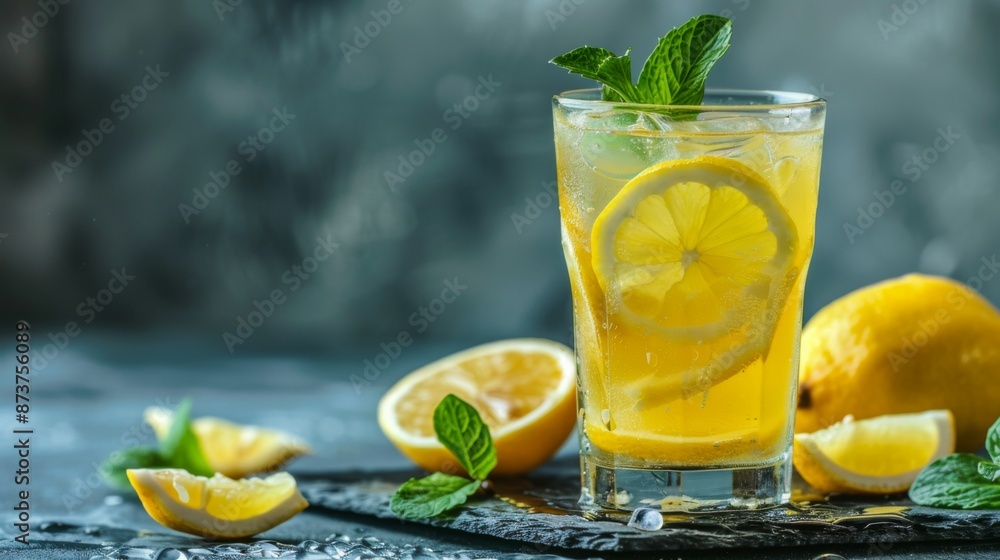 Fototapeta premium Refreshing Lemonade: A close-up shot of a tall glass of ice-cold lemonade with fresh lemon slices and mint leaves, condensation forming on the outside of the glass.