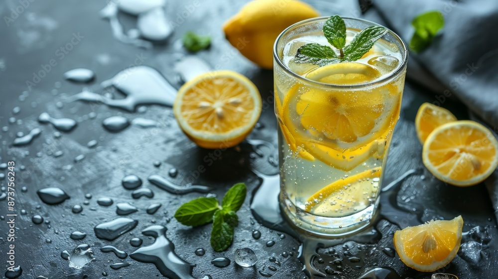 Refreshing Lemonade: A close-up shot of a tall glass of ice-cold lemonade with fresh lemon slices and mint leaves, condensation forming on the outside of the glass. Refreshing Lemonade: A close-up shot of a tall glass of ice-cold lemonade with fresh lemon slices and mint leaves, condensation forming on the outside of the glass.