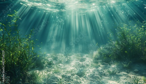Sunlit underwater landscape with sea grasses, serene summer diving travel © jamrut
