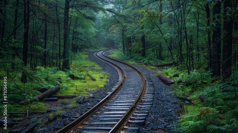 A winding railway track disappears into a lush, green forest. The air is misty, creating a sense of mystery and solitude. A winding railway track disappears into a lush, green forest. The air is misty, creating a sense of mystery and solitude.