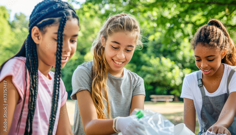Three young girls are enjoying cleaning up the park by cheerfully collecting trash Three young girls are enjoying cleaning up the park by cheerfully collecting trash