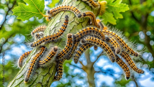 Oak processionary moth - Thaumetopoea processionea caterpillars on the tree in summer photo