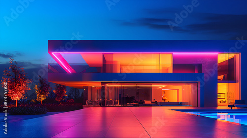 Abstract architectural template with neon lighting,Abstract 3d render, modern colorful space, background design,3d rendering of a modern interior with neon lights and bar counter



