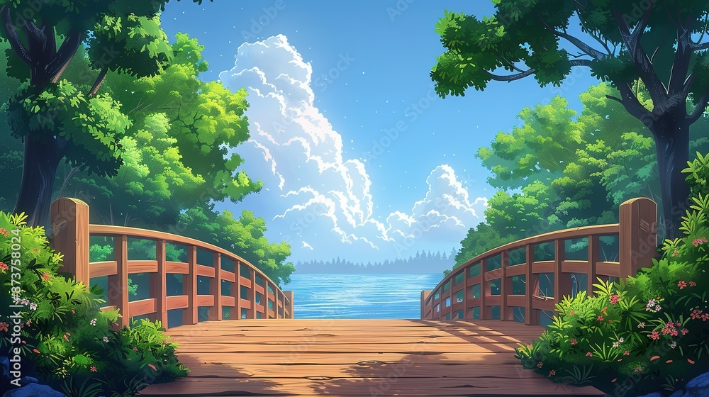 Obraz premium Cartoon Style Wooden Bridge Design