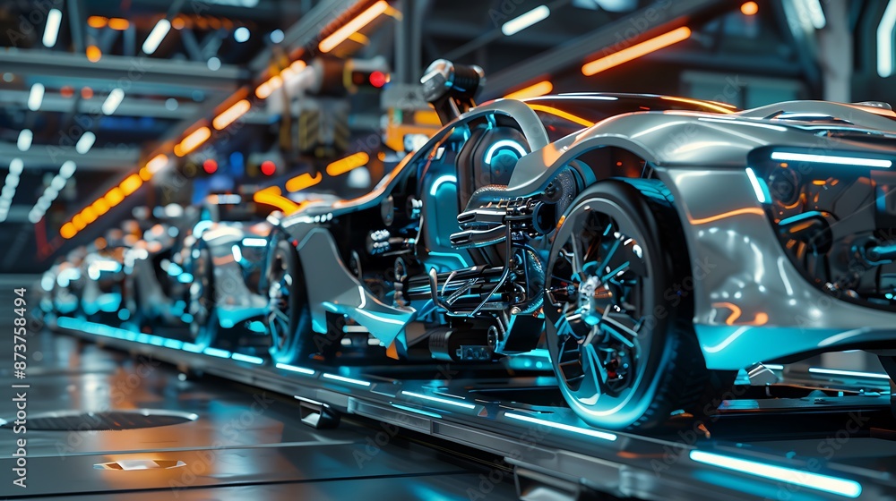 Futuristic Car Manufacturing: Assembly Line with Neon Lights and Cutting-Edge Technology Futuristic Car Manufacturing: Assembly Line with Neon Lights and Cutting-Edge Technology