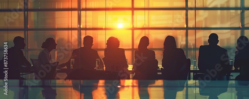 Silhouetted Business Team Sitting at Conference Table, Engaged in Discussion with Blurred Background, High Resolution and Professional Color Grading, Featuring Soft Shadows and Clean Sharp Focus.