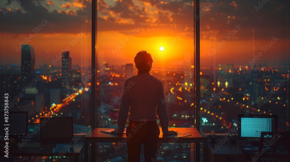 Businessman standing in front of the window looking at the city at sunset Businessman standing in front of the window looking at the city at sunset