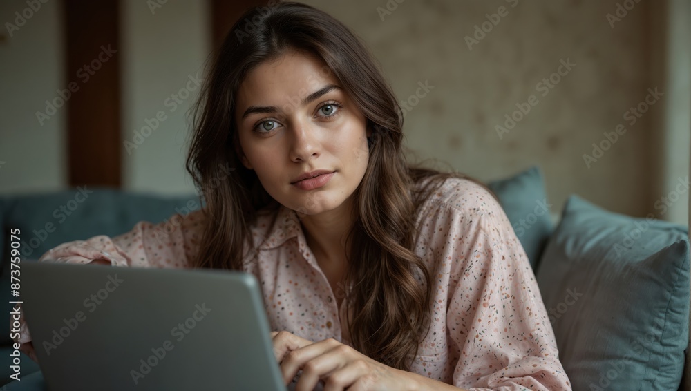 Portrait of young woman using laptop while sitting on sofa at home Portrait of young woman using laptop while sitting on sofa at home