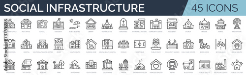 Set of 45 outline icons related to social infrastructure. Linear icon collection. Editable stroke. Vector illustration