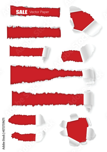 collection of white paper holes on red background for text. Sales promotion torn paper. 3d vector