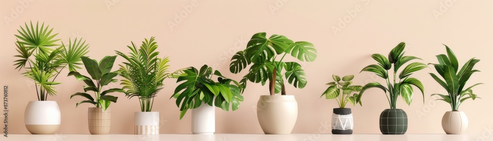 A row of various potted plants against a soft peach background, showcasing natural indoor greenery and minimalist decor. A row of various potted plants against a soft peach background, showcasing natural indoor greenery and minimalist decor.