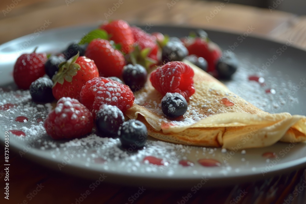Gourmet crepe topped with strawberries, raspberries, blueberries, and a dusting of sugar Gourmet crepe topped with strawberries, raspberries, blueberries, and a dusting of sugar