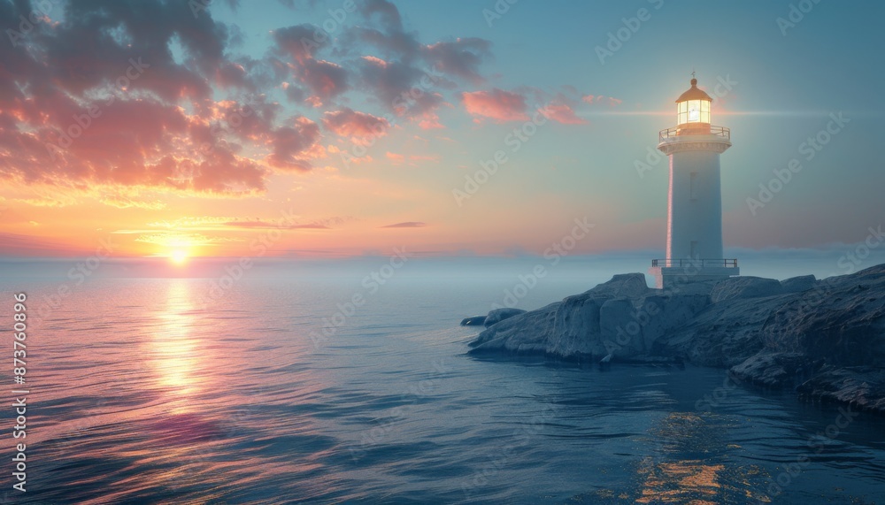 Scenic lighthouse overlooking calm sea summer coastal charm Scenic lighthouse overlooking calm sea summer coastal charm