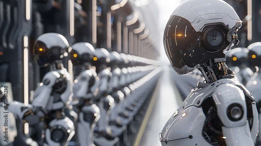 Fototapeta premium Army of Robots Standing in Formation: A Glimpse into the Future of Artificial Intelligence