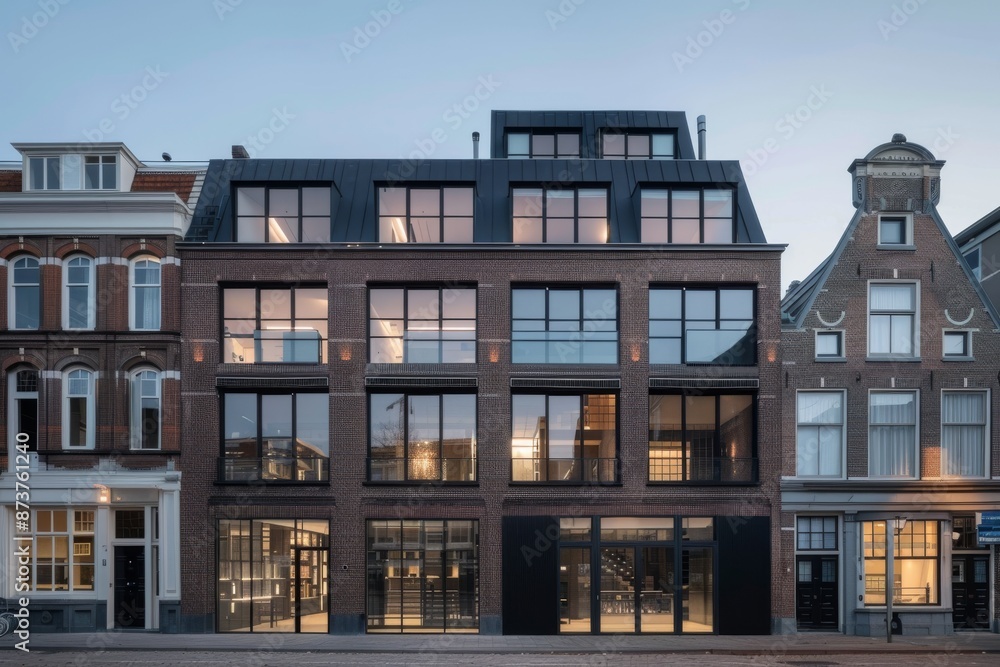 Facade of a modern building in the center of Amsterdam, Netherlands Facade of a modern building in the center of Amsterdam, Netherlands