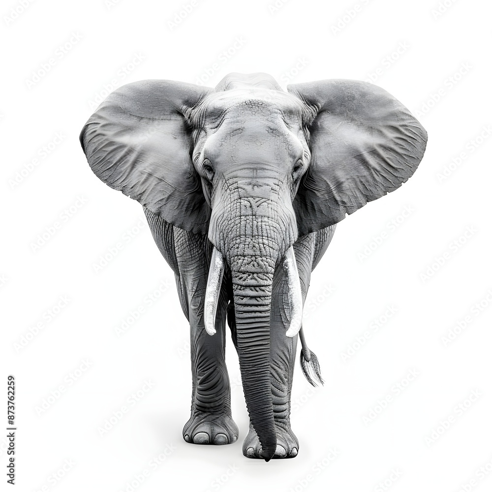 Fototapeta premium A picture of a young elephant in black and white against a white background, 