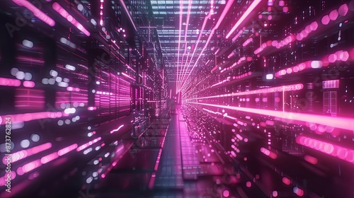 Vibrant neon-lit data tunnel with dynamic pink lights, signifying digital information flow and connectivity.