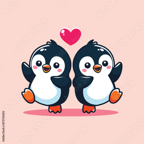 cute penguin couple with heart love cartoon vector illustration graphic design