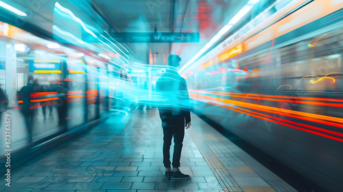 Silhouette of a person standing still in a vibrant, busy subway station with a motion blur effect, conveying movement and rush.