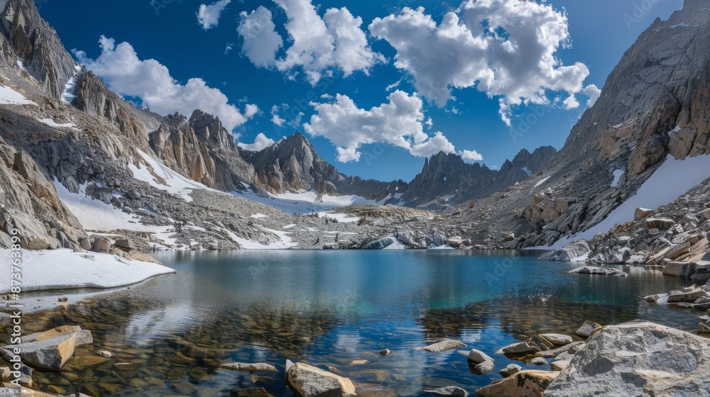 Fototapeta premium A rugged mountain pass with a glacial lake offering breathtaking views and a refreshing location for an ice bath.