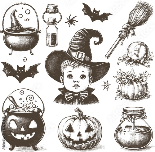 halloween icons vintage set