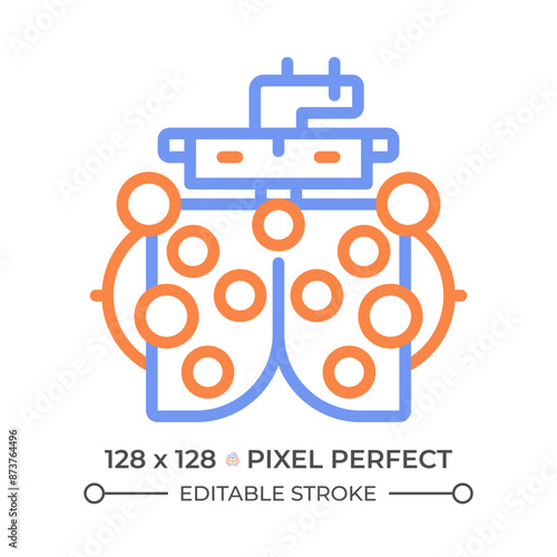 Phoropter two color line icon. Optometrist eye examination. Vision correction. Medical equipment bicolor outline symbol. Duotone linear pictogram. Isolated illustration. Editable stroke