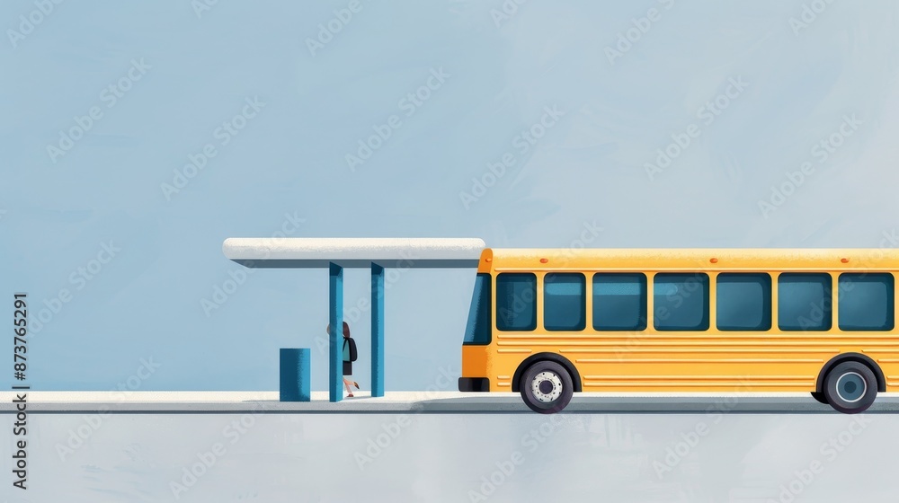 Artistic depiction of a yellow bus at a bus stop, students getting off ...