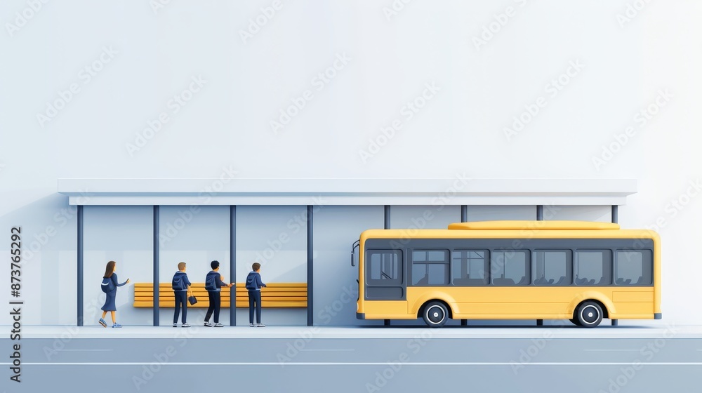 Artistic depiction of a yellow bus at a bus stop, students getting off ...