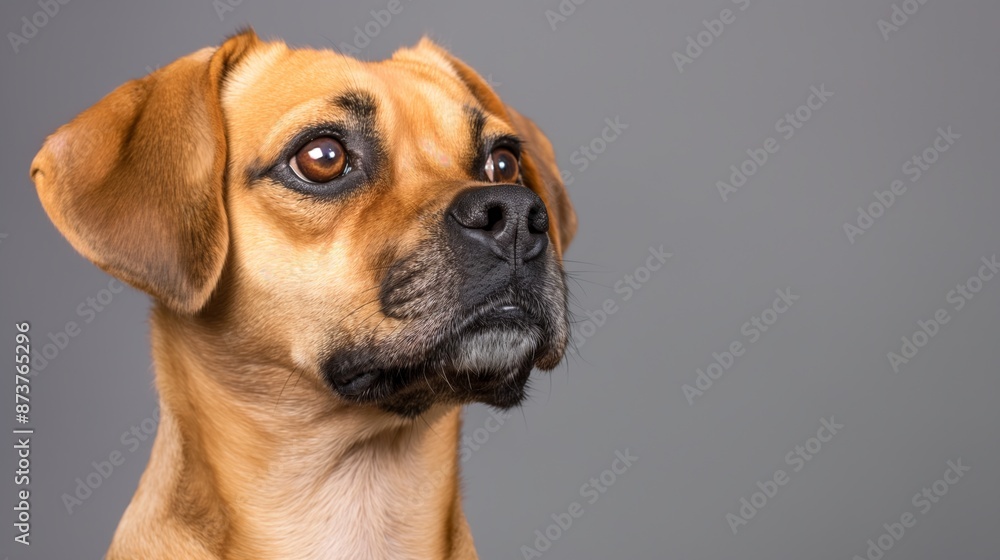 Fototapeta premium A small brown dog with a black nose and brown eyes is looking at the camera. The dog appears to be curious and attentive, as it stares directly at the viewer