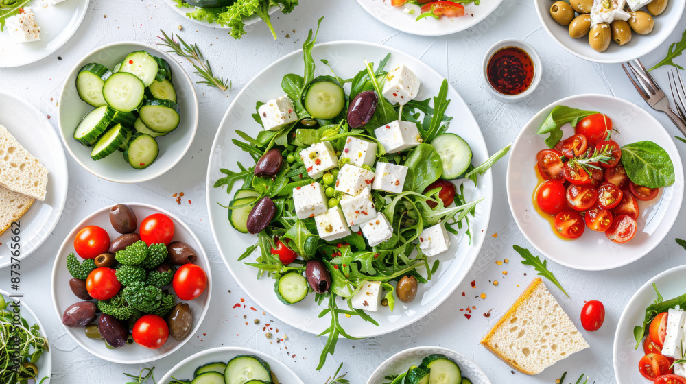 A colorful Mediterranean salad with olives, feta cheese, cucumber slices, cherry tomatoes, and mixed greens on white plates, artfully arranged in a circular pattern A colorful Mediterranean salad with olives, feta cheese, cucumber slices, cherry tomatoes, and mixed greens on white plates, artfully arranged in a circular pattern
