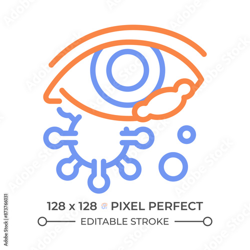 Eye infection two color line icon. Vision disease. Eye rash, perception disorder. Conjunctivitis bicolor outline symbol. Duotone linear pictogram. Isolated illustration. Editable stroke