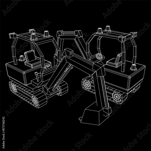 Heavy equipment excavator machine manufacturing power equipment for open pit mining. Wireframe low poly mesh vector illustration