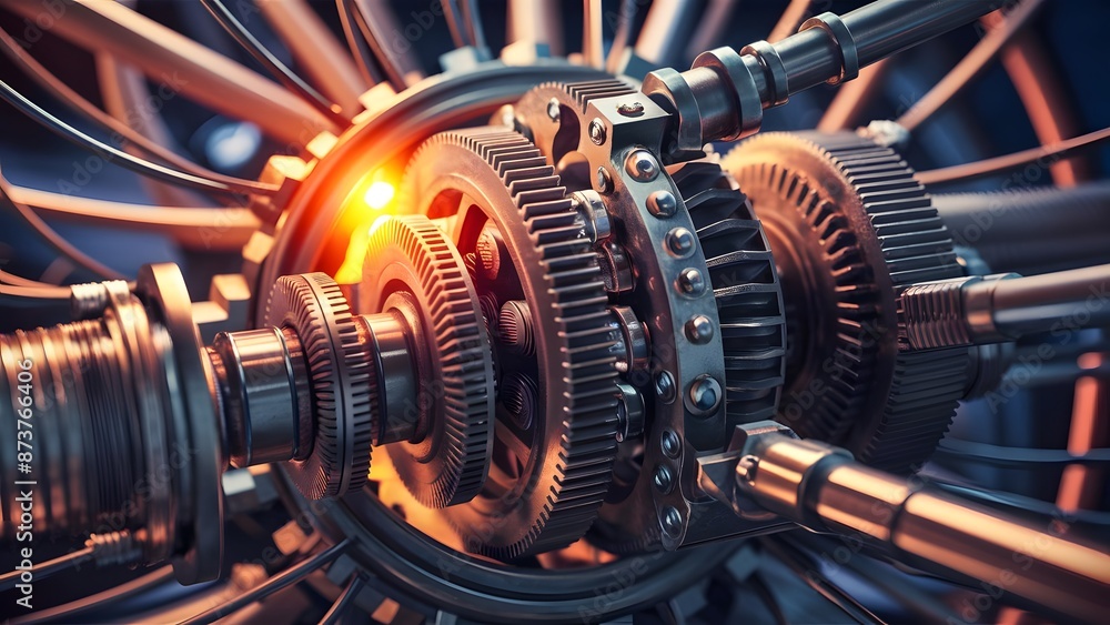 Fototapeta premium A mesmerizing, high-resolution close-up of an intricate mechanical commutator, meticulously designed and crafted. The heartof an elaborate system, it displays a complex arrangement of gears and metal 