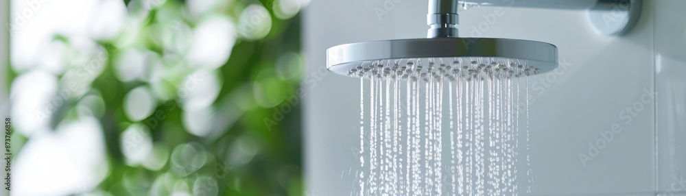 Obraz premium Modern showerhead with running water in a bright bathroom. Close-up of a clean, stainless steel shower, perfect for hygiene and cleanliness theme.