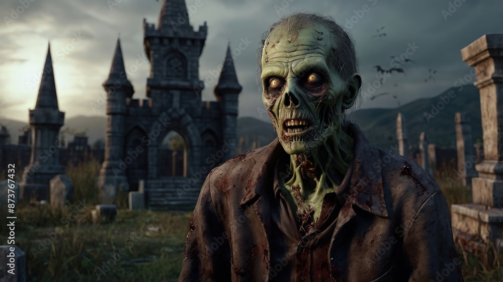 3d illustration of zombie in graveyard and castle background 3d illustration of zombie in graveyard and castle background