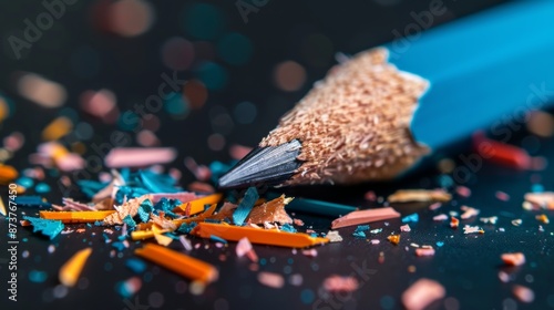 Close-up of a pencil sharpener with colorful pencil shavings, showing the sharp blade and detailed lead tips, highlighting the precision of the tool photo