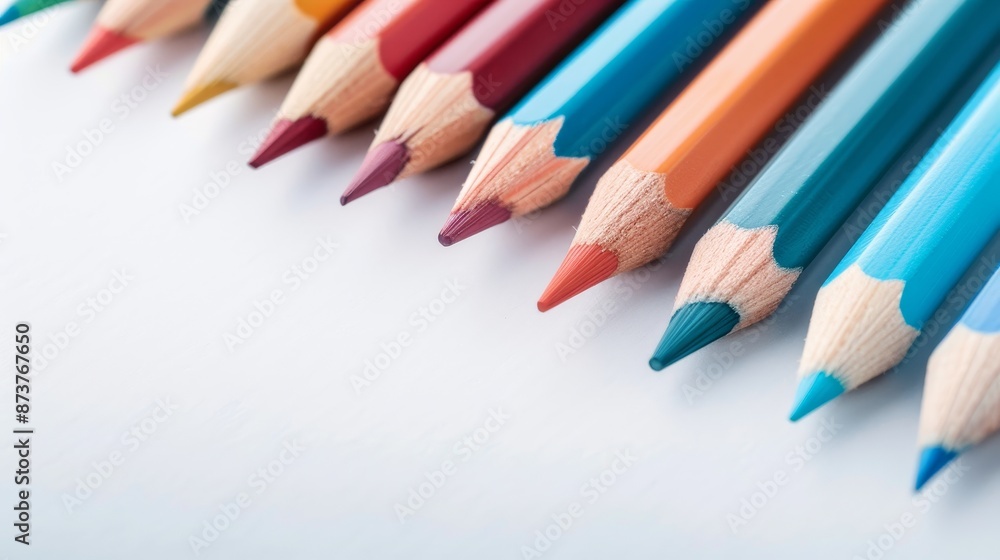 Close-up of colored pencils, their tips freshly sharpened, placed next to an open sketchbook, showcasing drawing and writing tools in detail Close-up of colored pencils, their tips freshly sharpened, placed next to an open sketchbook, showcasing drawing and writing tools in detail