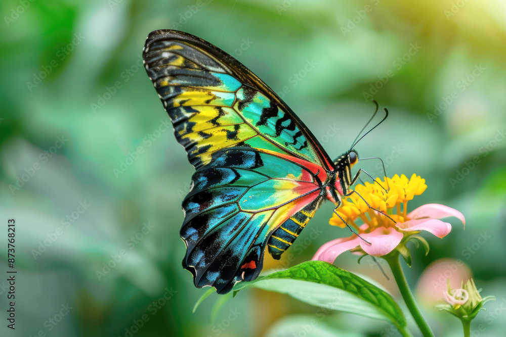 Colourful butterflies on flowers. AI generative.