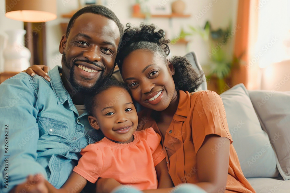A family happily posing for a picture on a couch, displaying joy and togetherness A family happily posing for a picture on a couch, displaying joy and togetherness
