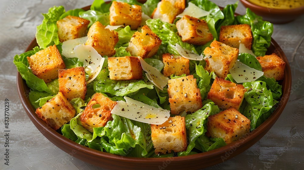 Close-Up of Caesar Salad with Croutons and Parmesan Cheese Close-Up of Caesar Salad with Croutons and Parmesan Cheese