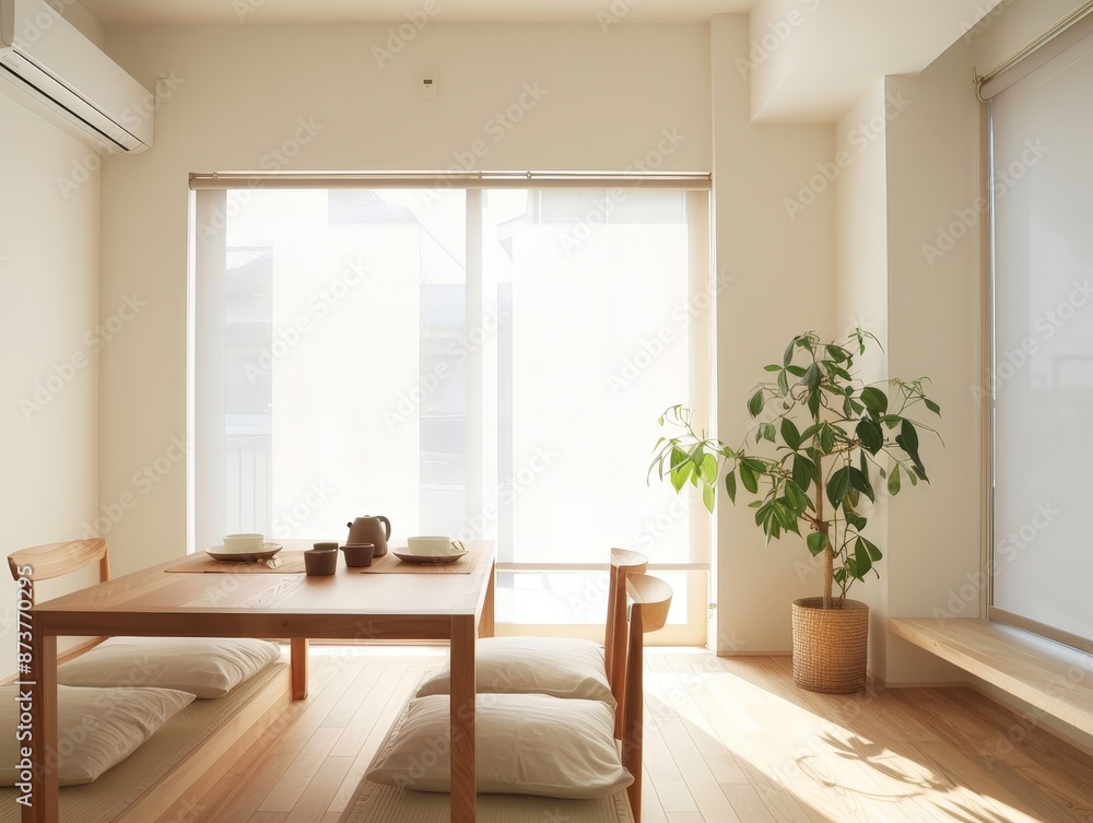 Fototapeta premium Tranquil Japanese-Inspired Living Space with Tatami Mats and Shoji Screens Blending Edo Charm with Modern Comforts